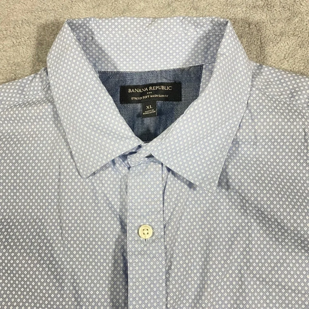 Banana Republic‎ Mens XL Slim Fit Stretch Soft Wash Blue Diamond Print Shirt